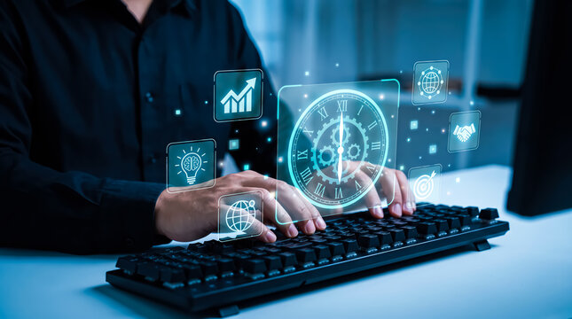 Businessman typing on computer keyboard with glowing digital business icons interface