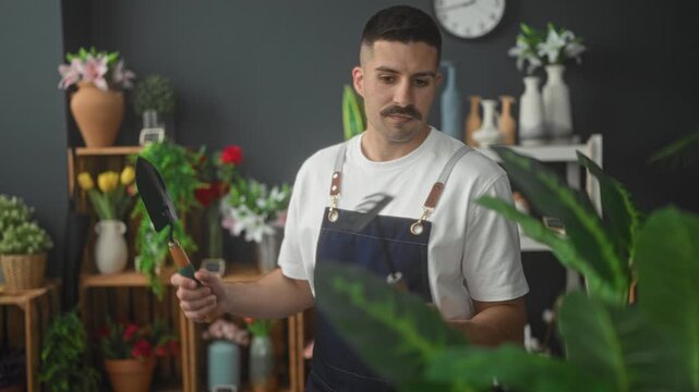 Man florist in apron holds trowel and small garden rake among vases and tulips in a studio workspace; calm focus.