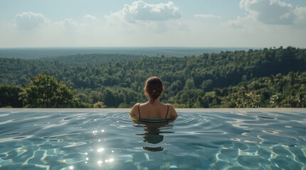 Fototapeta premium Rear view of woman enjoying quiet afternoon in infinity pool overlooking forested landscape