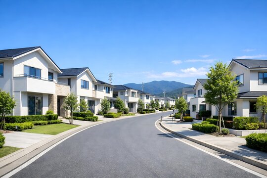 晴れ渡る青空の下広がる新しい住宅街と戸建ての街並み