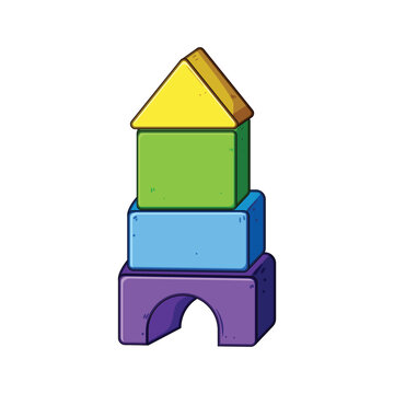Stacking colorful toy building blocks together, forming a simple house structure, symbolizing childhood creativity, learning, and playful construction on a white background
