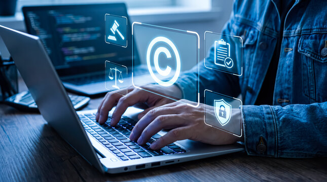 A person typing on a laptop with digital copyright protection icons floating around, emphasizing intellectual property and cybersecurity