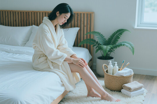 Asian young adult woman sitting on bed, applying skincare to legs during home wellness routine, expressing self care and hygiene. Ideal for spa, beauty, skincare marketing