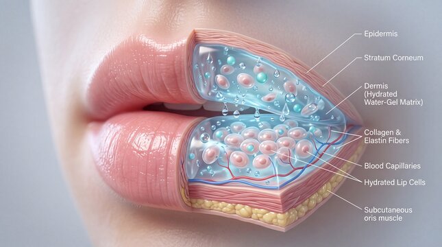 Hydrated lip cells blood capillaries collagen elastin fibers dermis stratum corneum epidermis subcutaneous oris muscle water gel matrix soft healthy beauty