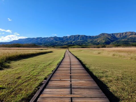 青空広がる湿原の木道がまっすぐ続く大自然の山々風景