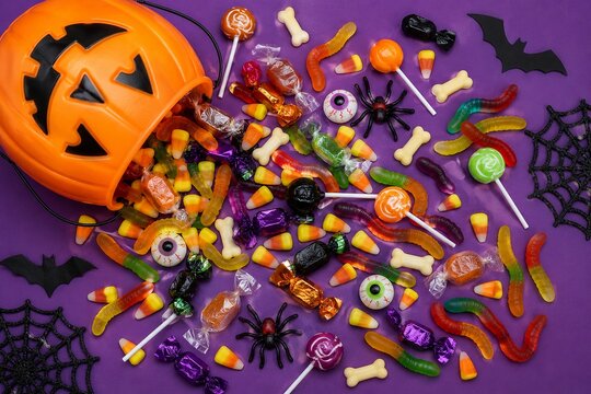 Halloween candy spilling from pumpkin bucket on purple background