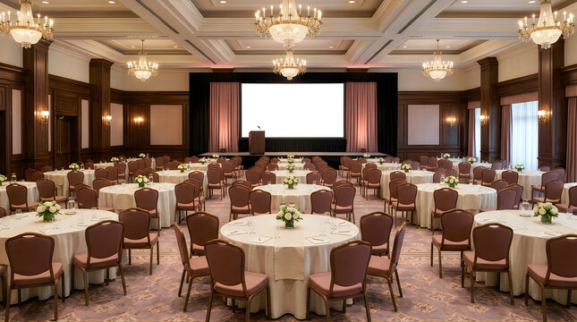 Elegant banquet hall with round tables set for event