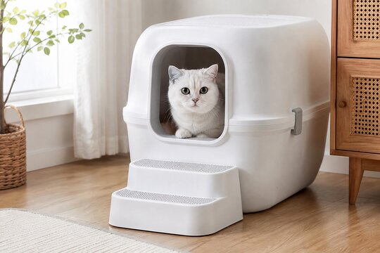 Cute white cat sitting inside modern enclosed litter box with entry steps in living room