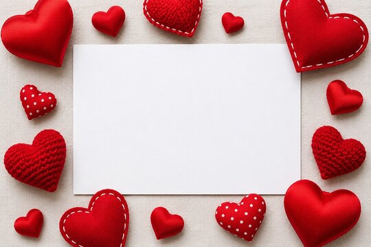 Blank paper card mockup framed with red crafted hearts for Valentine day