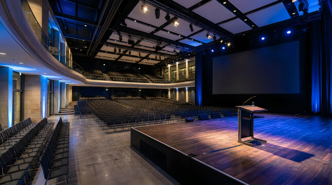 Modern auditorium with stage and empty seating
