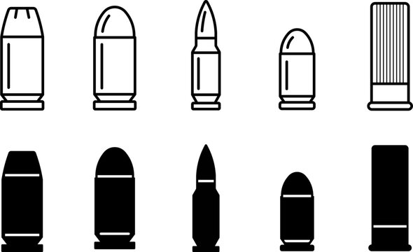 Set of different types of ammunition icons, bullet and shotgun shell silhouettes