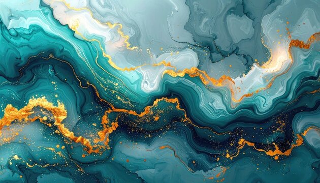 Abstract marbling with teal, blue, and gold textures.