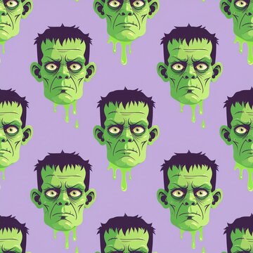 Cartoon Frankenstein Monster Heads Green Slime Drips Purple Seamless Pattern Generative AI Background