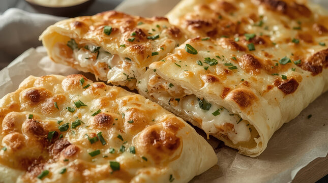 Traditional stuffed flatbread sliced into portions with melted cheese and herbs