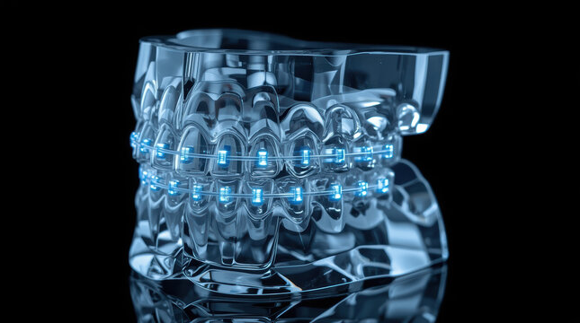 Transparent dental model showing blue orthodontic braces and detailed tooth structure