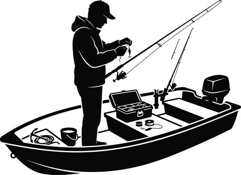Detailed fisherman silhouette standing on a motor boat with fishing rods and tackle box, concept for outdoor angling adventure, ideal for sports graphics, tournament posters, and recreational logo