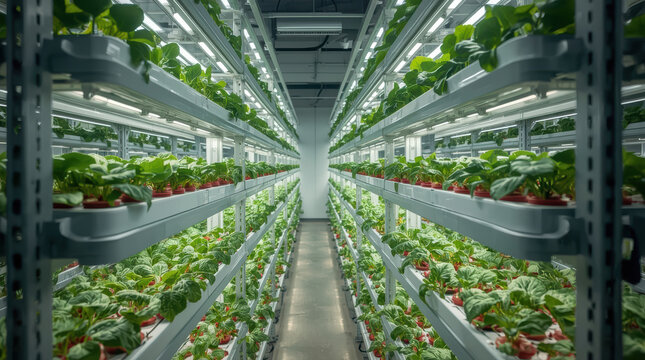 Vertical farming rack illuminated indoor greenhouse aisle supports efficient crop production