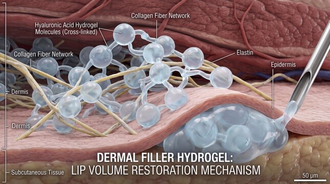 Dermis, collagen fiber network, hyaluronic acid hydrogel molecules, elastin, and epidermis are shown in scientific macro detail of dermal filler hydrogel for lip volume restoration