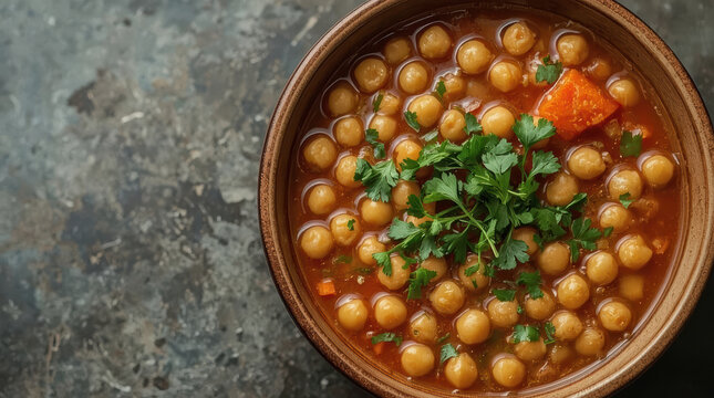 Warm chickpea stew garnished with parsley and olive oil