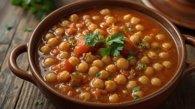 Warm chickpea stew garnished with parsley and olive oil