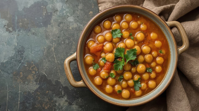 Warm chickpea stew garnished with parsley and olive oil