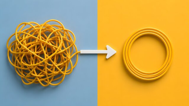 Simplicity and order concept featuring tangled yellow wire transforming into perfect circular loop with white arrow
