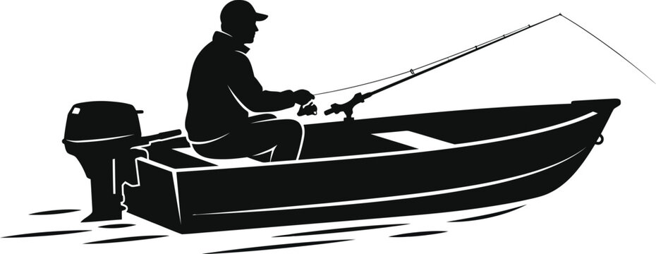Black fisherman silhouette in a motorboat holding a rod while angling on water, concept for outdoor recreation, ideal for fishing tournament logos and nautical prints