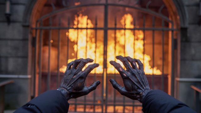 Eerie Hands Reaching Toward Flames in Urban Setting