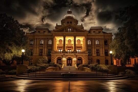 Grand texas state capitol building standing under a dark, dramatic night sky, glowing with warm light