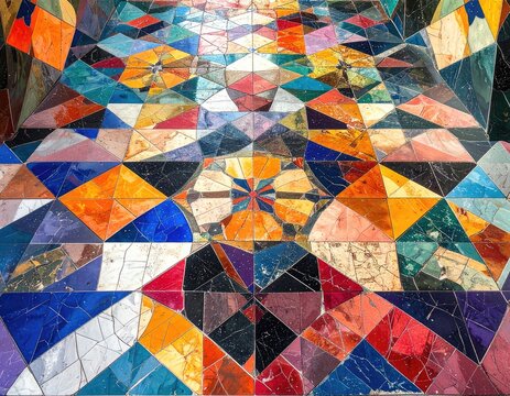 A vibrant and intricate mosaic floor pattern composed of geometric shapes and colorful tiles.