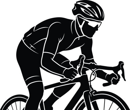 Dynamic cyclist silhouette with detailed black vector lines of a fast road bike rider, concept for athletic endurance and speed, perfect for sports event logos, fitness posters, and triathlon
