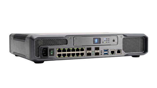 Industrial network switch with ethernet ports, professional rackmount server hardware, black enterprise router for data centers