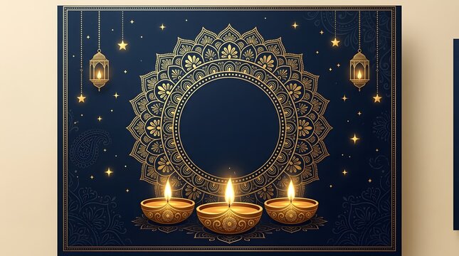 Diwali festival background with golden mandala, hanging lanterns, and glowing oil lamps on a dark blue surface