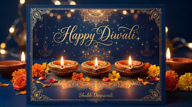 Elegant happy diwali greeting card on dark blue background with glowing diya lamps, golden mandala art, and marigold flowers