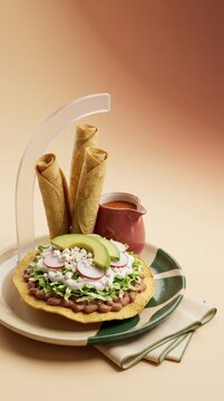 Traditional Mexican dish with tortilla, beans, and fresh vegetables served with sauce
