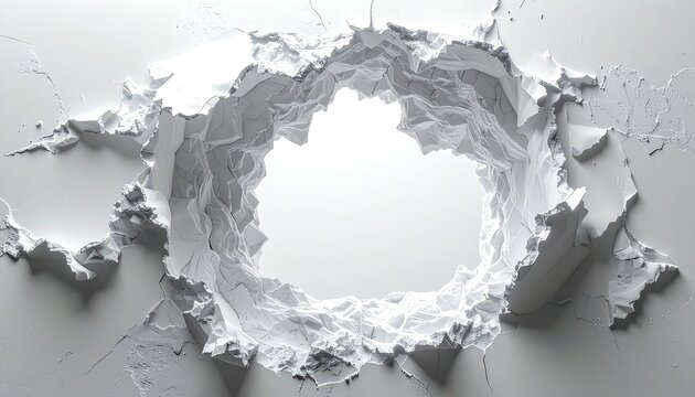 A large, irregular hole breaks through a white textured surface, revealing a bright white void.