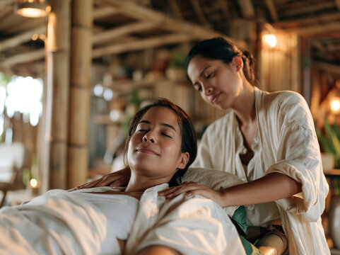 Asian Woman Receiving Shoulder Massage from Therapist in Eco Bamboo Spa