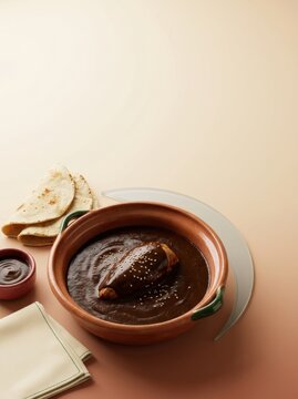 Traditional Mexican mole dish served with tortillas and salsa in a clay bowl