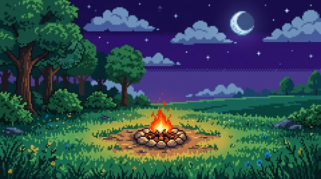 Pixel Art Campfire in Grassy Field Under Crescent Moon