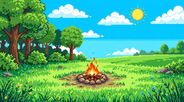 Pixel Art Campfire Scene in Sunny Meadow with Forest Background