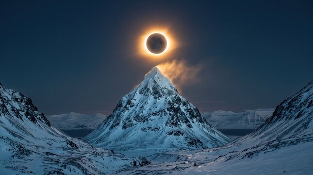 Total solar eclipse align above snow mountain peak for dramatic nature landscape concept