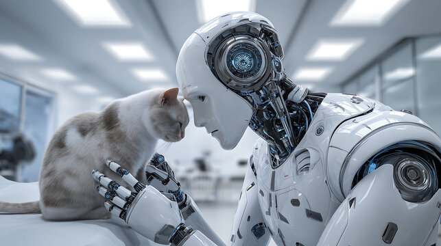 A white futuristic robot gently touches foreheads with a cat in a clean, modern lab setting, showcasing a tender connection between AI technology and animal life