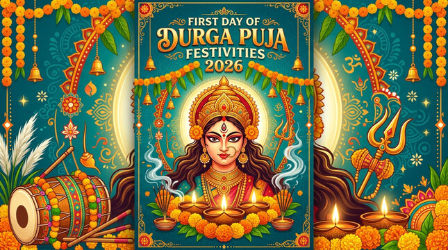 First day of durga puja festivities 2026 vertical poster concept with goddess durga deity and traditional elements festival celebration hinduism
