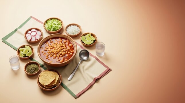Traditional Mexican meal with chickpea stew and fresh toppings on a table