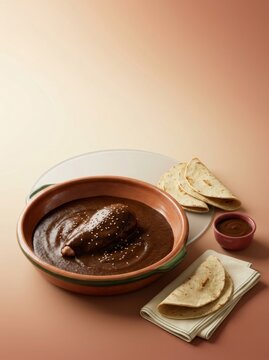 Traditional Mexican mole with chicken served with tortillas and salsa