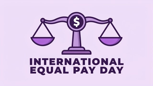 International Equal Pay Day illustration featuring a balance scale and dollar sign isolated on white background. Concept for financial equity and fair wage awareness.
