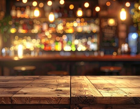 A dimly lit bar with a wooden table in the foreground and bokeh lights in the background.