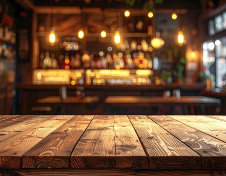 A rustic wooden table in front of a softly lit bar background.