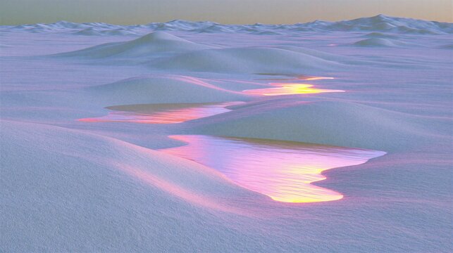 Serene Abstract Snow Dunes Winter Landscape with Sunset Neon Reflections in Winding Stream Illustration Fantasy Land
