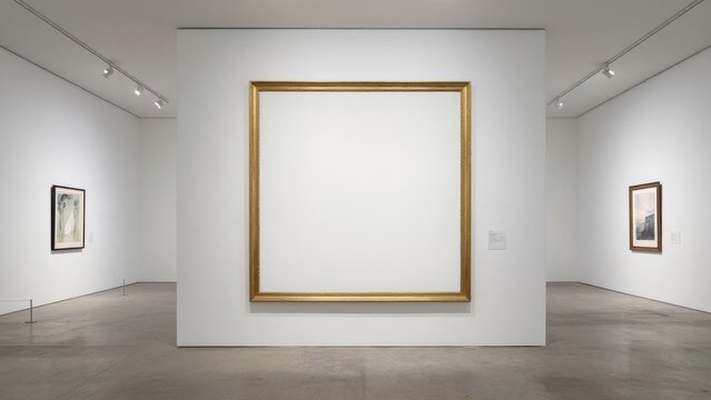 Empty Gallery Space with Golden Frame and White Canvas Display